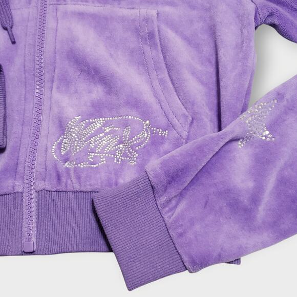 Dolls Kill x Winx Club Purple Velour Rhinestone Crop Baby Hoodie Sz XS Y2K Bling - Picture 3 of 10